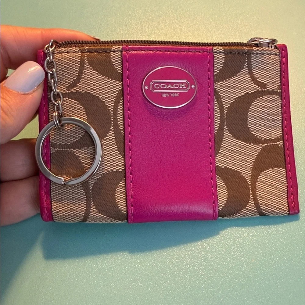 Coach Fuchsia Brown Signature Key coin purse keychain pink wallet card slot